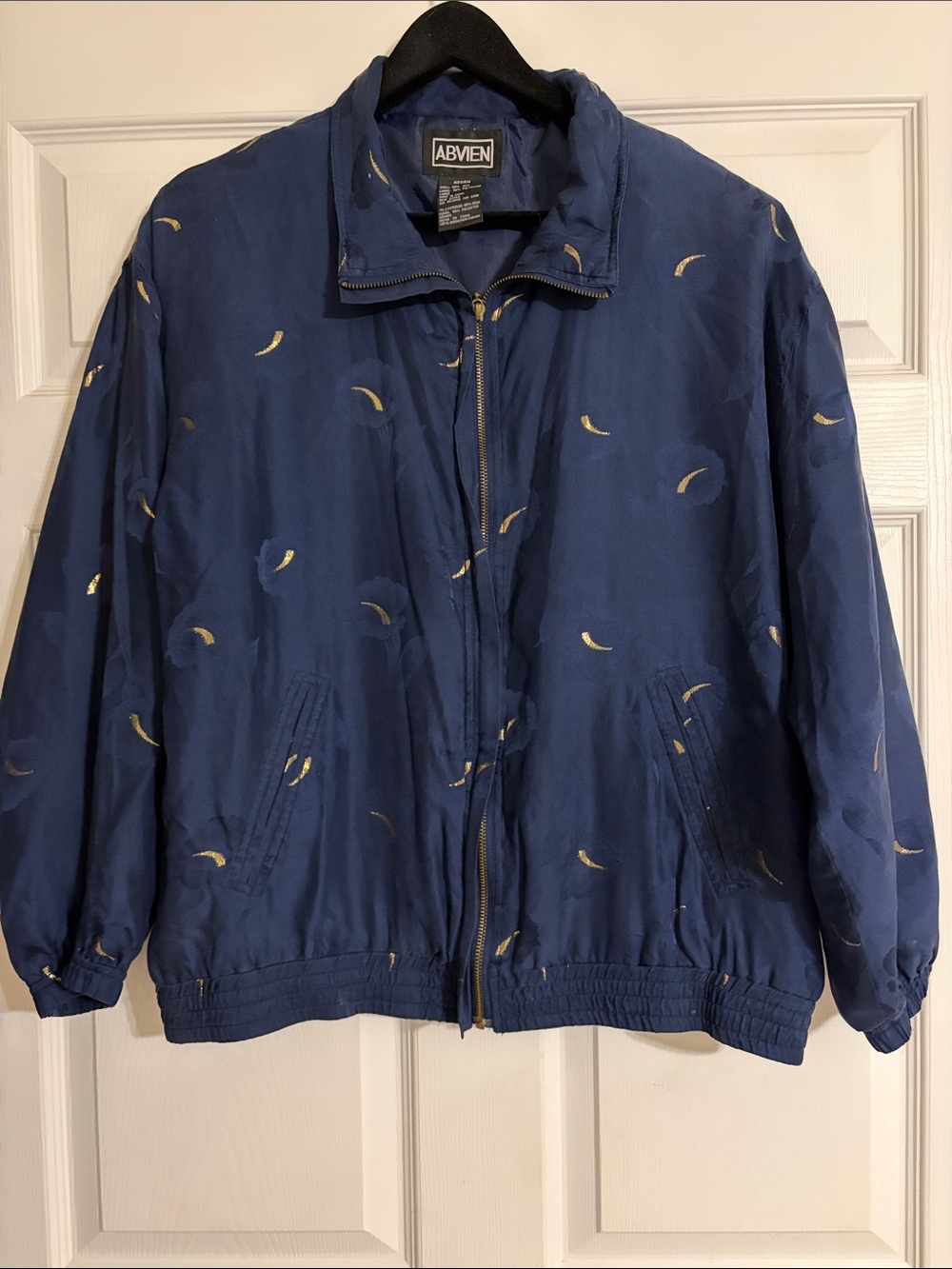 Vintage Abvien 100% Silk Bomber Jacket - Gold Leaf Embroidery - Navy - Large